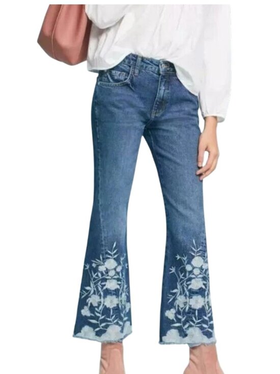 Pilcro Denim - Anthropologie Pilcro Flare Jeans Women’s 26 Floral Embroidered Naturecore Boho